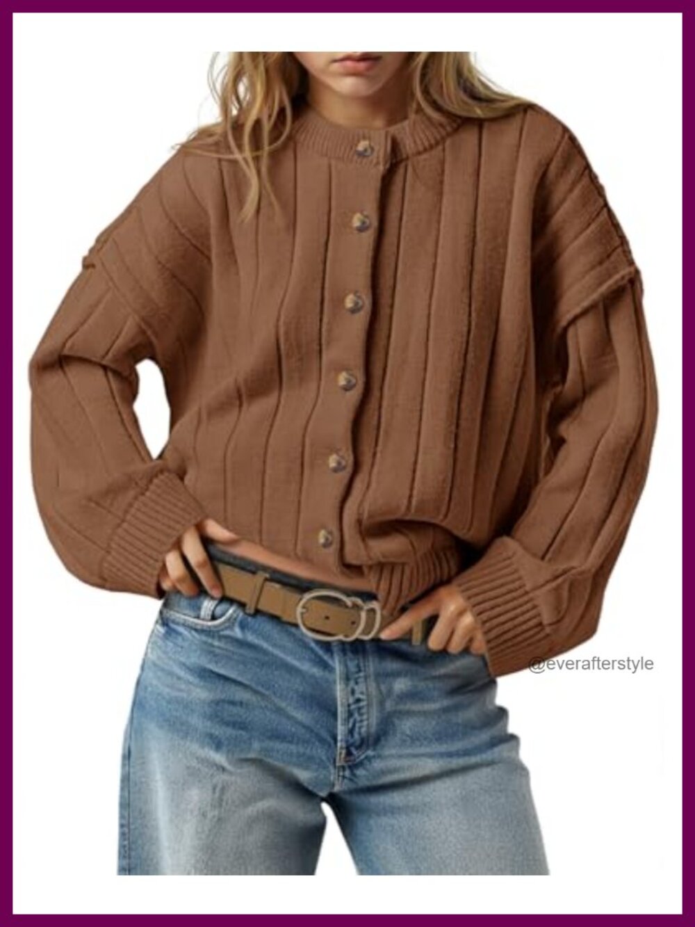 Open Front Button Down Knit Cardigan Long Sleeve Crewneck Casual Loose Fall